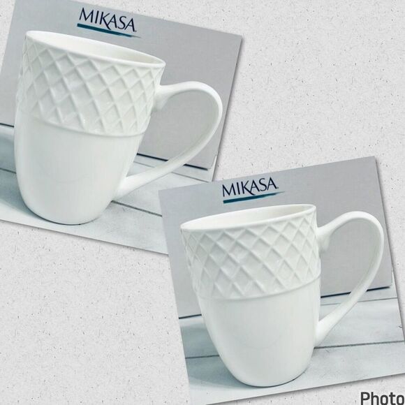 New Mikasa Set of 2 white bone china Trellis Mugs Dishwasher & Microwave Safe - Picture 1 of 12